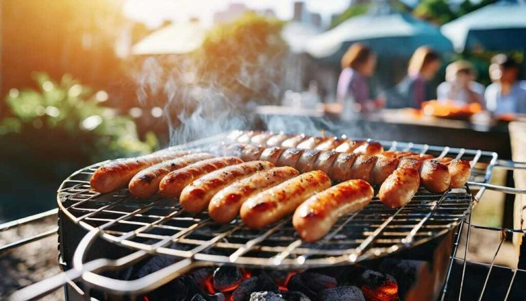 grilled sausages are cooked on a barbecue grill outdoor on a bright sunny day against the background of a blurred youth company generated by ai