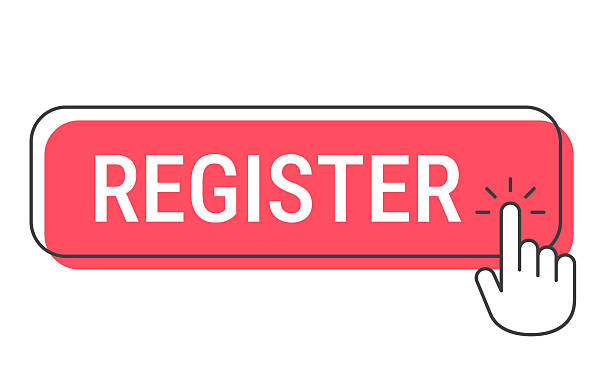 Register. Click here button with hand click for your own design, isolated on a blank background. The button is red with the white text and a black frame. Trendy button in a flat design style. Vector Illustration (EPS file, well layered and grouped). Easy to edit, manipulate, resize or colorize. Vector and Jpeg file of different sizes.